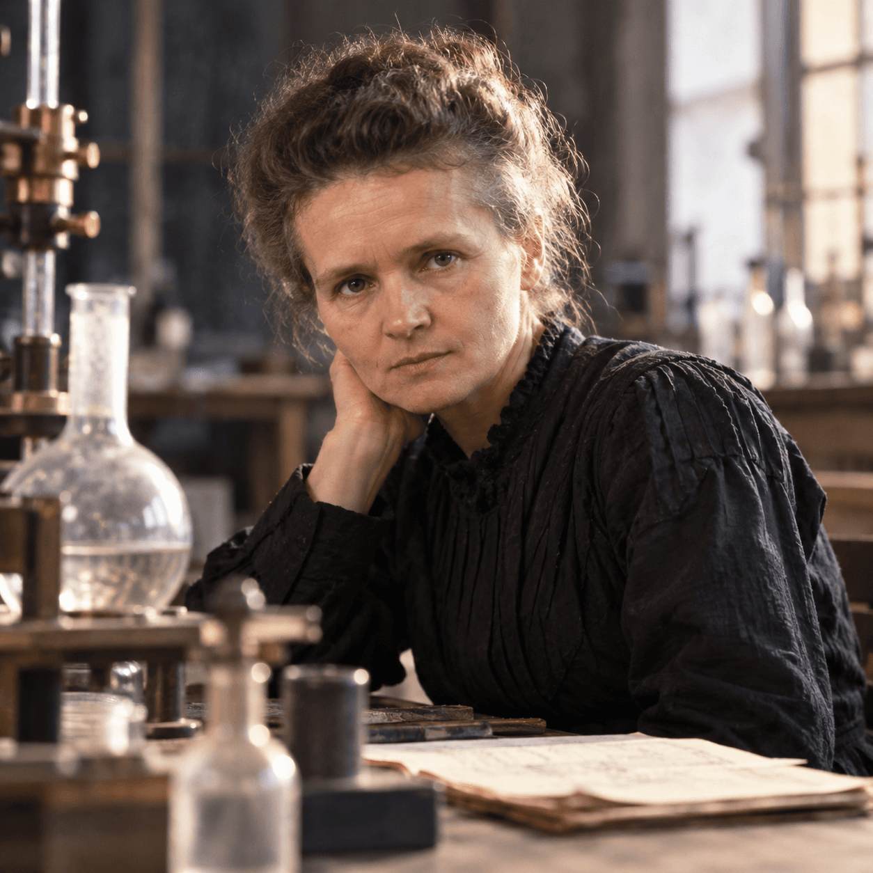 AI genererad bild på Marie Curie i ett laboratorium